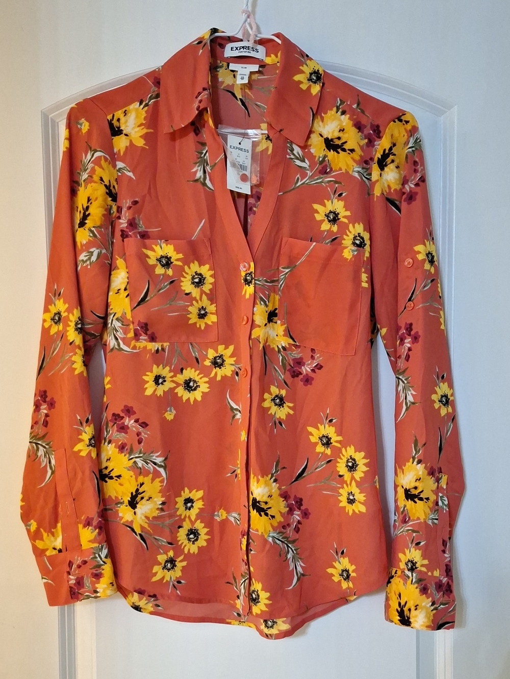 Express Coral Orange Floral Button-Down Shirt